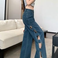 Sexy Side Hollow Out Floral Baggy Jeans - Thumbnail 4