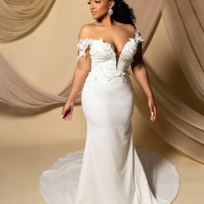 Elegant wedding dress, mermaid off the shoulder appliques african girls bridal dress bridal gown - Thumbnail 1
