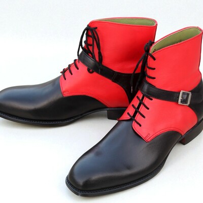 Crafted leather handmade men black red leather strap ankle high boot