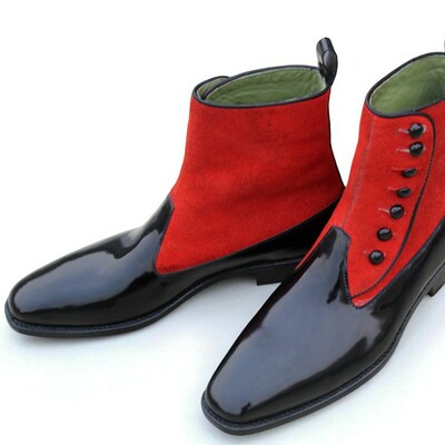 Crafted leather handmade men black patent red suede leather ankle high button dress boot