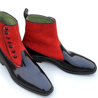 Crafted Leather Handmade Men Black Patent Red Suede Leather Ankle High Button Dress Boot - Thumbnail 1