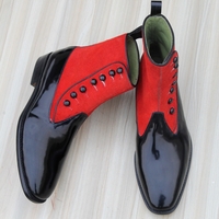Crafted Leather Handmade Men Black Patent Red Suede Leather Ankle High Button Dress Boot - Thumbnail 2