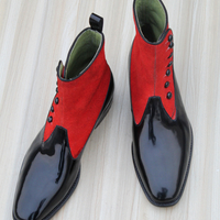Crafted Leather Handmade Men Black Patent Red Suede Leather Ankle High Button Dress Boot - Thumbnail 3