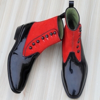 Crafted Leather Handmade Men Black Patent Red Suede Leather Ankle High Button Dress Boot - Thumbnail 4