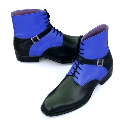 Crafted leather handmade men blue black leather strap ankle high lace up boot