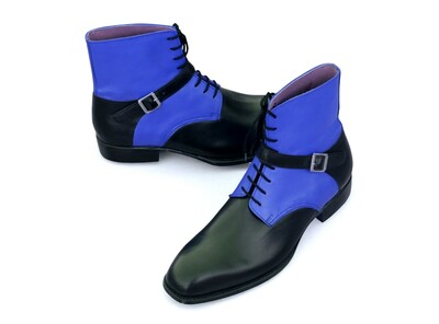 Crafted Leather Handmade Men Blue Black Leather Strap Ankle High Lace up Boot