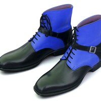 Crafted Leather Handmade Men Blue Black Leather Strap Ankle High Lace up Boot - Thumbnail 1