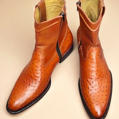 Crafted leather classic brown ostrich leather side zipper cowboy boot
