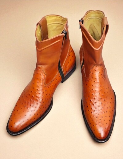 Crafted Leather Classic Brown Ostrich Leather Side Zipper Cowboy Boot