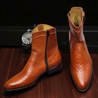 Crafted Leather Classic Brown Ostrich Leather Side Zipper Cowboy Boot - Thumbnail 1