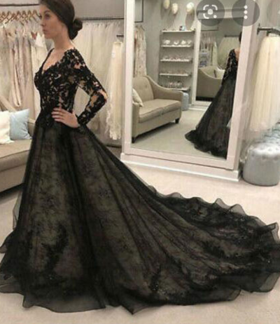 Mermaid Black V Neck Lace Prom Dress with Sleeves