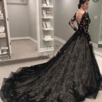 Mermaid Black V Neck Lace Prom Dress with Sleeves - Thumbnail 1