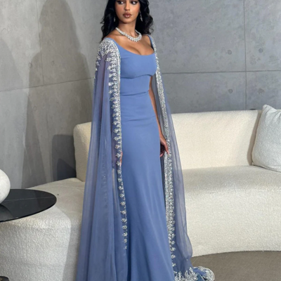 Mermaid luxury crystal blue prom dresses with cape sleeves