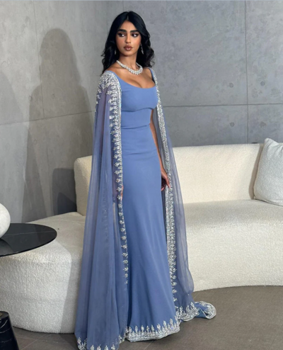 Mermaid Luxury Crystal Blue Prom Dresses with Cape Sleeves