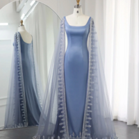 Mermaid Luxury Crystal Blue Prom Dresses with Cape Sleeves - Thumbnail 1