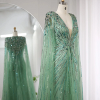 Sexy Luxury Dubai Sage Green Prom Dresses with Cape - Thumbnail 1