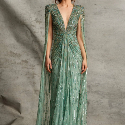 Sexy luxury dubai sage green prom dresses with cape