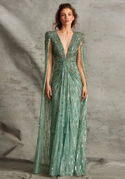 Sexy Luxury Dubai Sage Green Prom Dresses with Cape