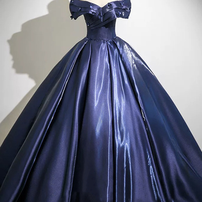 Blue satin long prom dress, elegant off the shoulder party dress - Thumbnail 1