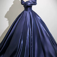 Blue Satin Long Prom Dress, Elegant Off the Shoulder Party Dress - Thumbnail 1