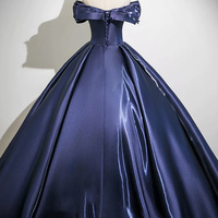 Blue Satin Long Prom Dress, Elegant Off the Shoulder Party Dress - Thumbnail 2