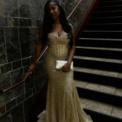 Sweetheart gold sequin mermaid long prom dress - Thumbnail 1