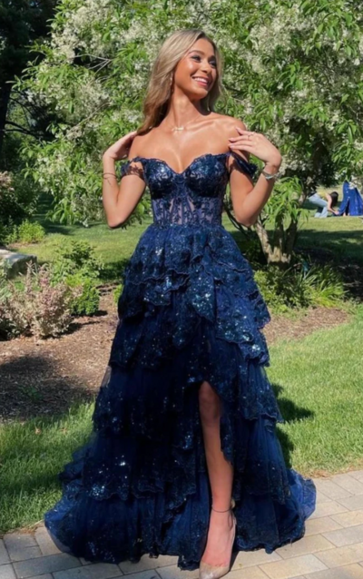 Off Shoulder Navy Blue Lace Prom Dress with Split