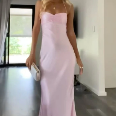 Simple a line floor length pink evening party dresses - Thumbnail 2