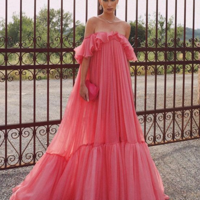 Off shoulder pink chiffon long prom dress - Thumbnail 2