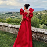 Vintage Red Long V Neck Stain Formal Prom Dress - Thumbnail 1