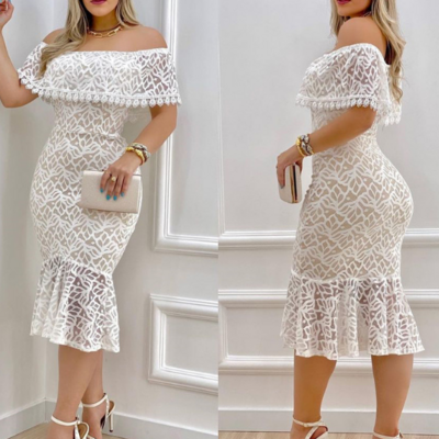 White lace sexy one shoulder dress - Thumbnail 1
