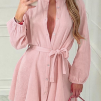Pink Long Sleeved Casual Dress - Thumbnail 1
