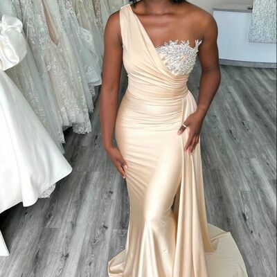 Light champagne mermaid lace prom dresses evening gowns formal party gowns