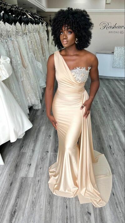 Light Champagne Mermaid Lace Prom Dresses Evening Gowns Formal Party Gowns