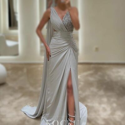 Grey a line sequins prom dresses evening gowns formal party gowns