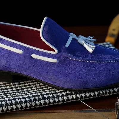 Crafted leather classic blue suede leather tassel loafers shoes - Thumbnail 1