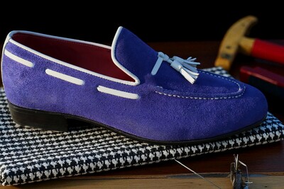 Crafted Leather Classic Blue Suede Leather Tassel Loafers Shoes