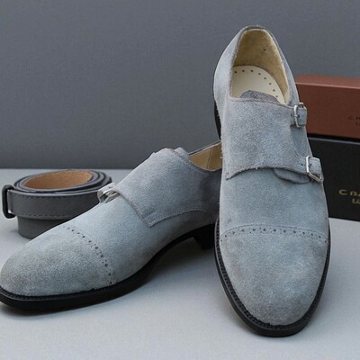 Crafted leather men classic gray suede leather monk strap dress shoes