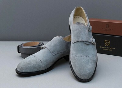 Crafted Leather Men Classic Gray Suede Leather Monk Strap Dress Shoes
