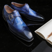 Crafted Leather Men Classic Wingtip Monk Strap Dress Shoes in Navy and Blue Patina  - Thumbnail 1