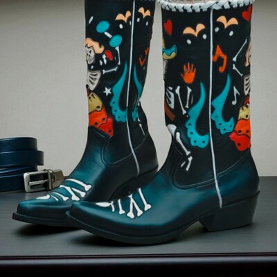 Crafted leather handmade men dress shoes black leather fancy cowboy boot