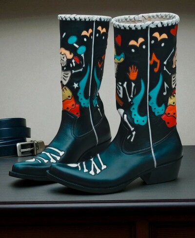 Crafted Leather Handmade Men Dress Shoes Black Leather Fancy Cowboy Boot