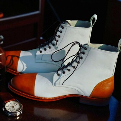 Crafted Leather Brown White Leather Men Ankle High Lace up Boot