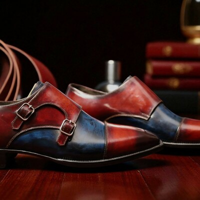 Crafted leather classic brown blue patina leather dress shoes - Thumbnail 1