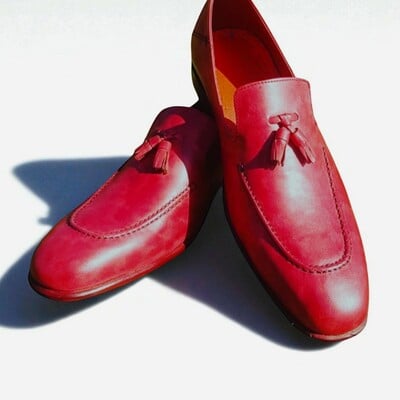 Crafted leather classic men red leather tassel loafers dress shoes - Thumbnail 2