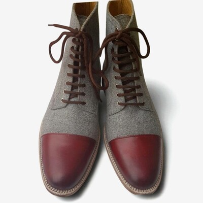 Crafted leather gray & brown flannel fabric / patina leather ankle high boot