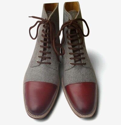 Crafted Leather Gray & Brown Flannel Fabric / Patina Leather Ankle High Boot