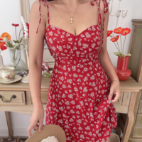 Temperament floral suspender skirt retro petite printed short skirt - Thumbnail 1