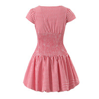 Red plaid dress with waist and flower bud skirt and small flying sleeves - Thumbnail 1