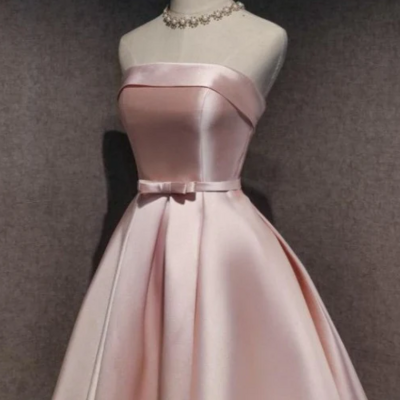 Cute pink satin knee length short prom dress 